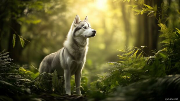 Husky dog standing proudly in a lush forest, with vibrant green foliage and soft lighting.