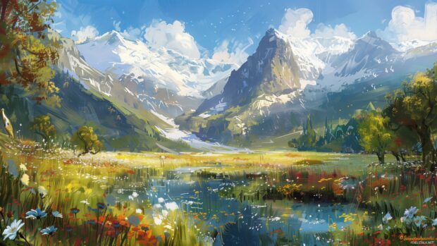 Idyllic 3D mountain valley with wildflowers, snow capped peaks, clear sky.