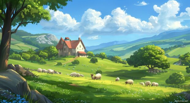 Idyllic countryside 1080p HD Image with rolling green hills, grazing sheep, and a quaint farmhouse.