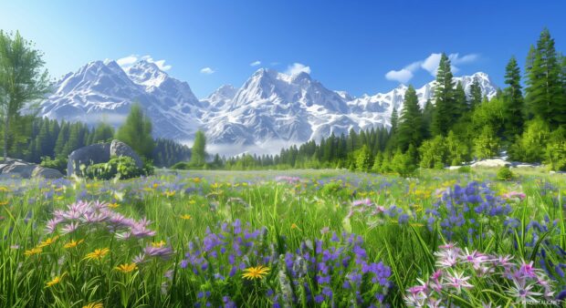 Idyllic mountain valley with wildflowers, snow capped peaks, clear sky.