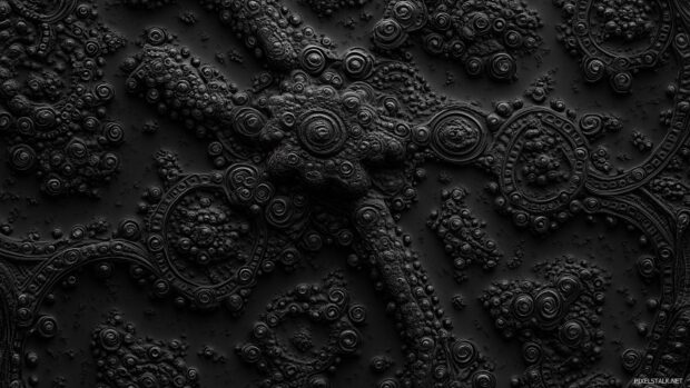 Intricate dark fractal wallpaper 1920x1080 with gradients of black and gray, forming a complex and hypnotic design.