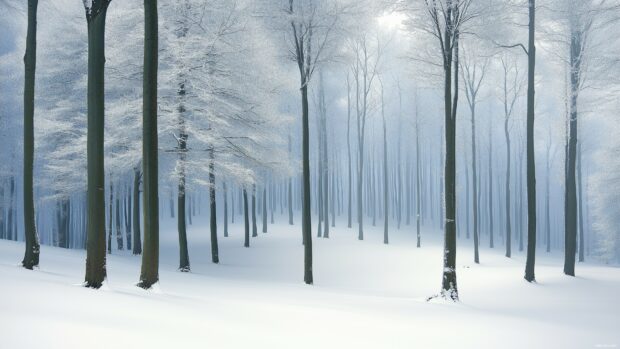 Laptop 4K Wallpaper with snow covered trees and branches in a tranquil winter forest, with soft sunlight creating a serene mood.