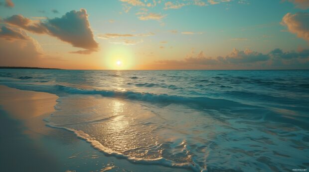 Laptop Desktop HD Wallpaper with a tranquil beach with turquoise waters and a vibrant sunset.