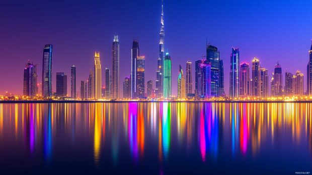 Laptop Desktop Wallpaper with a city skyline at night with colorful reflections on the water.