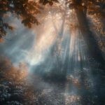 Laptop Desktop Wallpaper with a mystical forest with rays of sunlight piercing through the fog.