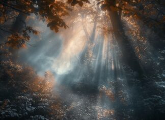 Laptop Desktop Wallpaper with a mystical forest with rays of sunlight piercing through the fog.