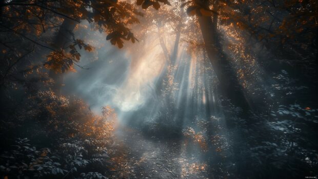 Laptop Desktop Wallpaper with a mystical forest with rays of sunlight piercing through the fog.