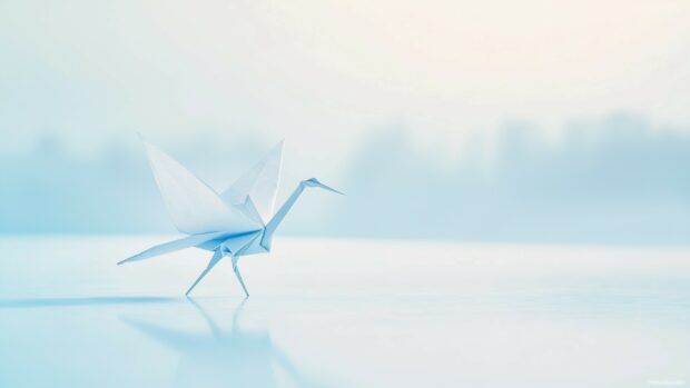 Laptop HD Wallpaper for Windows 10 with a delicate paper crane on a light gradient background in soft blue and gray tones.