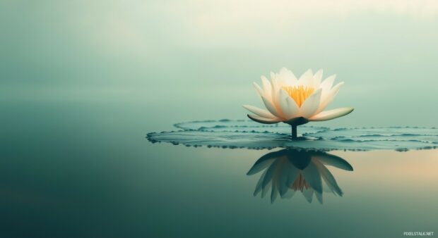 Laptop HD Wallpaper for Windows 10 with a single lotus flower delicately floating on still water with a light gradient background of pale green.