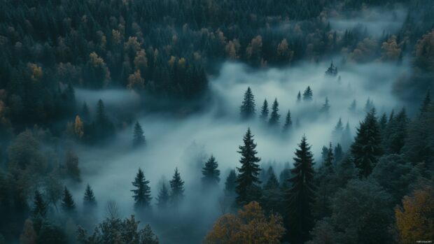 Laptop Wallpaper 4K with a misty forest in early morning with trees fading into the fog, creating a mysterious and serene atmosphere.