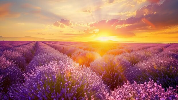 Laptop Wallpaper HD with a serene lavender field at sunset with a warm, golden sky.