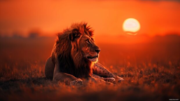 Laptop Wallpaper with a majestic lion resting in the African savanna during golden hour .