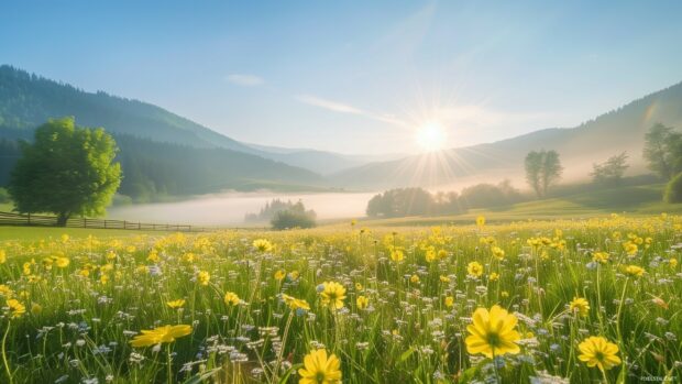 Laptop Wallpaper with a serene meadow at dawn with morning dew and soft sunlight.