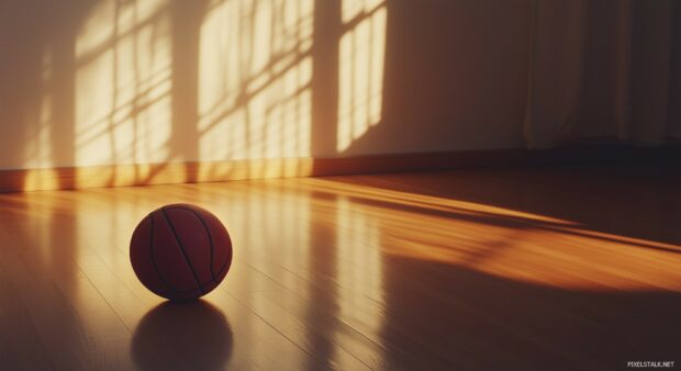 Laptop background HD with a basketball resting on a polished hardwood court.