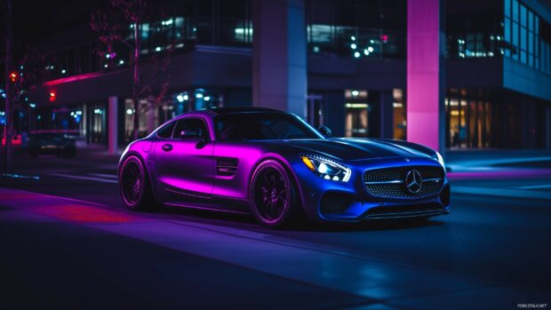 Laptop background HD with a modern luxury car on a neon lit city street at night, with vibrant purple and blue tones.