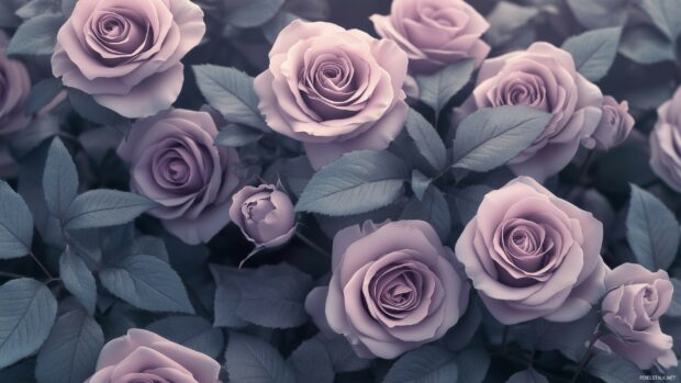 Lavender roses intertwined wallpaper with soft gray leaves.