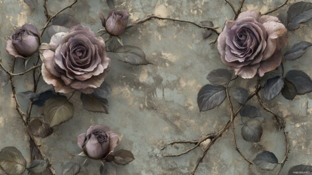 Lavender vitage roses intertwined with soft gray leaves.