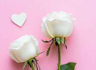 Light pink Valentine wallpaper with a repeating pattern of white roses and subtle heart shapes.