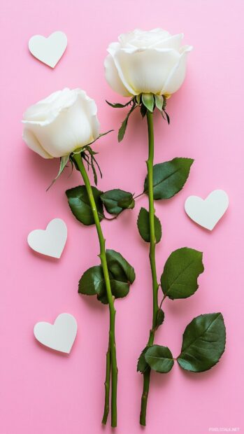 Light pink Valentine wallpaper with a repeating pattern of white roses and subtle heart shapes.