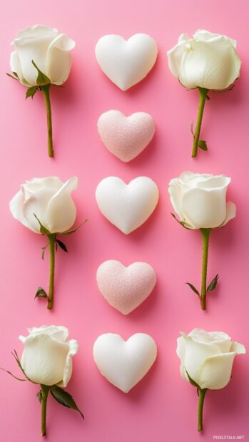 Light pink background with a repeating pattern of 3D  roses and subtle heart shapes, creating a charming Valentine theme.