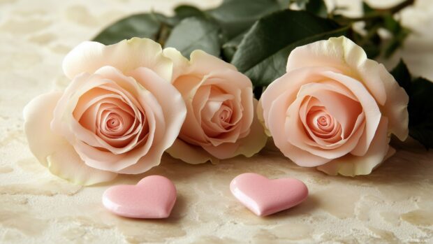 Light pink roses and hearts in a scattered arrangement on a cream background, adding elegance to Valentines Day Desktop Wallpaper.