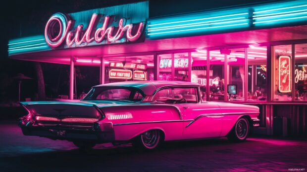 Live Car HD Wallpaper with a retro style car parked by a diner with neon signs glowing in the background.