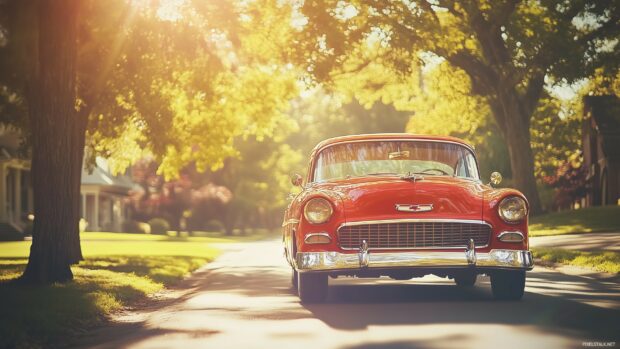 Live Car Wallpaper with a 1950s Chevrolet Bel Air cruising down a sunlit street, with the image framed in an old Polaroid style.