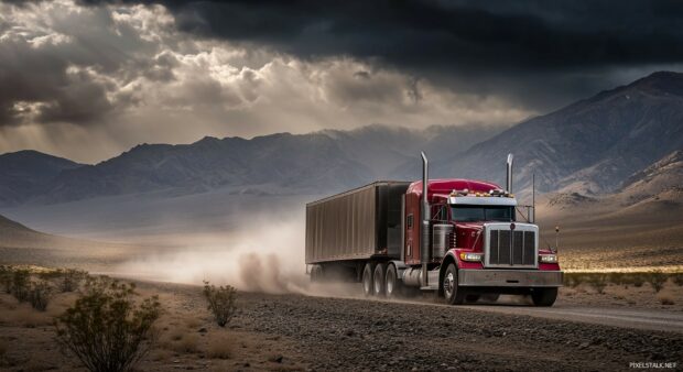 Live Car Wallpaper with a powerful truck towing a trailer through a mountainous region, with dramatic clouds overhead.