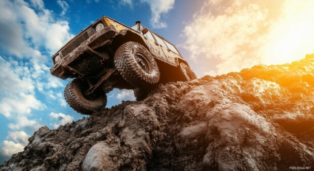 Live Car Wallpaper with with a rugged off road vehicle covered in mud climbing a steep, rocky hill.