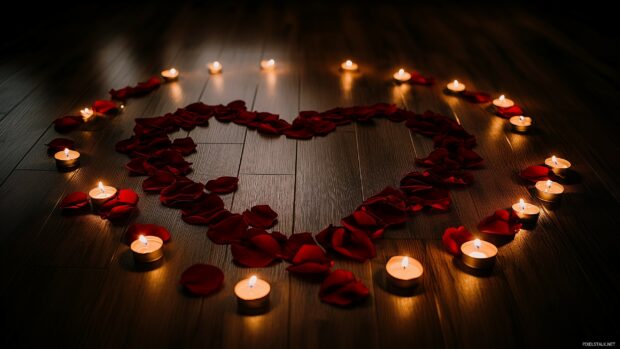 Love Desktop Wallpaper with a heart shaped arrangement of fairy lights glowing softly on a wooden floor, surrounded by rose petals and candles for a cozy, romantic setting.