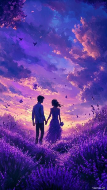 Love HD Wallpaper with a couple walking through a field of lavender flowers at dusk, holding hands and gazing lovingly into each other eyes .