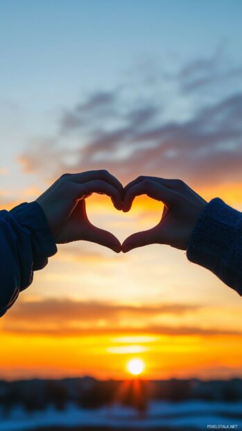 Love Wallpaper HD with a close up of a couple hands forming a heart shape against the backdrop of a sunset, creating a warm and loving mood.