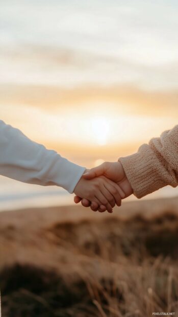 Love Wallpaper HD with a couple holding hands under a soft sunset sky, with warm golden light and a serene ocean in the background.