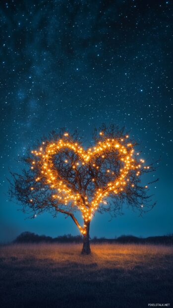 Love Wallpaper HD with a heart made out of fairy lights wrapped around a tree, glowing softly against a starry night sky, creating a romantic and magical atmosphere.