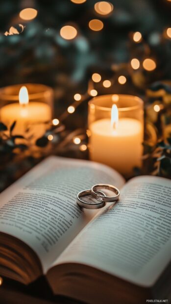 Love Wallpaper for Mobile with a pair of wedding rings placed delicately on top of an open book with romantic poetry, surrounded by soft candlelight.