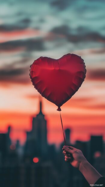 Love Wallpaper for iPhone with a heart shaped balloon floating in the air with a city skyline in the background, creating a modern romantic aesthetic.