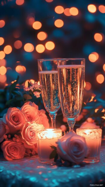 Love Wallpaper for mobile with a romantic candlelit dinner setup for two, with soft roses, champagne glasses, and a tablecloth in a beautiful setting.