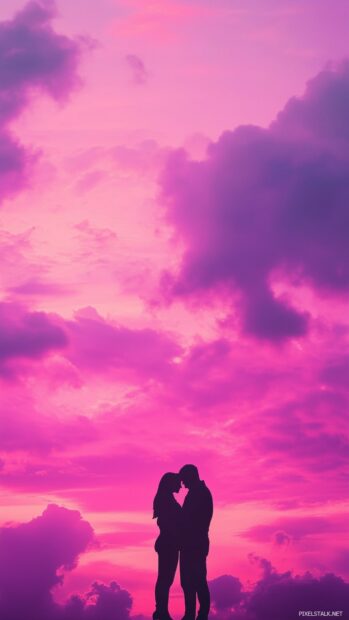 Love Wallpaper iPhone with a silhouette of a couple embracing under a pink and purple sky filled with clouds, evoking feelings of deep love and connection.