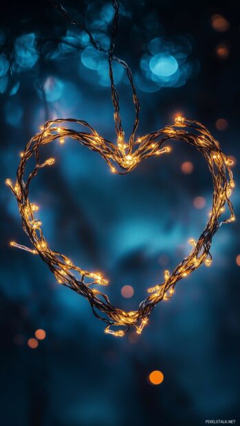 Love Wallpaper iPhone with a simple, elegant heart design made from string lights, glowing warmly in a darkened room, symbolizing love and warmth.