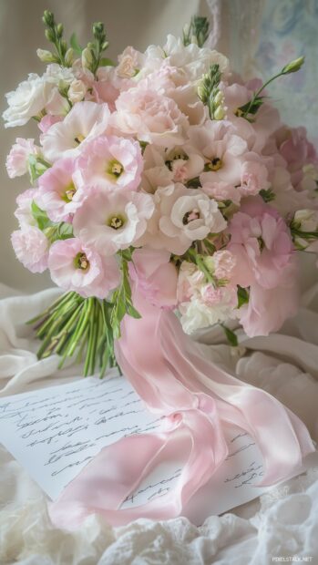 Love Wallpaper with a bouquet of fresh flowers tied with a ribbon, resting on a love letter, symbolizing romance and affection.