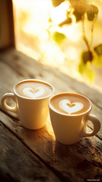 Love Wallpaper with a close up of two coffee mugs with heart shapes made of latte foam, placed on a rustic wooden table with soft sunlight.