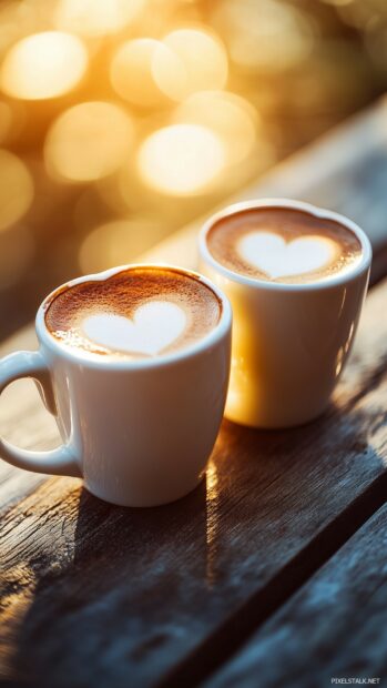 Love Wallpaper with a close up of two coffee mugs with heart shapes made of latte foam, placed on a rustic wooden table with soft sunlight.