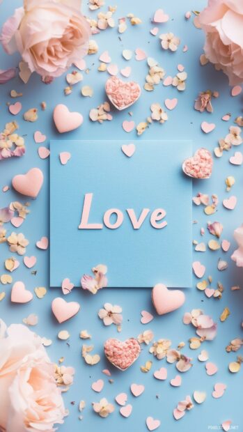 Love Wallpaper with a handwritten note with the word Love surrounded by small hearts and flowers, set against a soft pastel background.