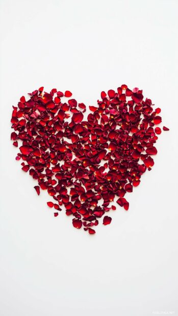 Love Wallpaper with a heart shaped arrangement of red rose petals on a white background, symbolizing love and romance.