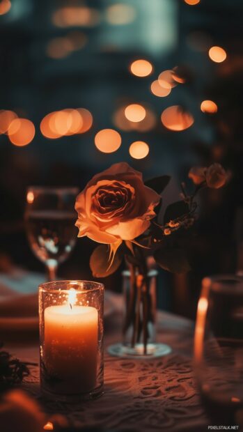 Love Wallpaper with a romantic candlelit dinner setup for two, with soft roses, champagne glasses, and a tablecloth in a beautiful setting.