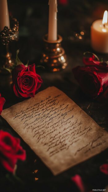 Love Wallpaper with a romantic love letter written on parchment paper, surrounded by fresh red roses and delicate candles, creating an intimate atmosphere.