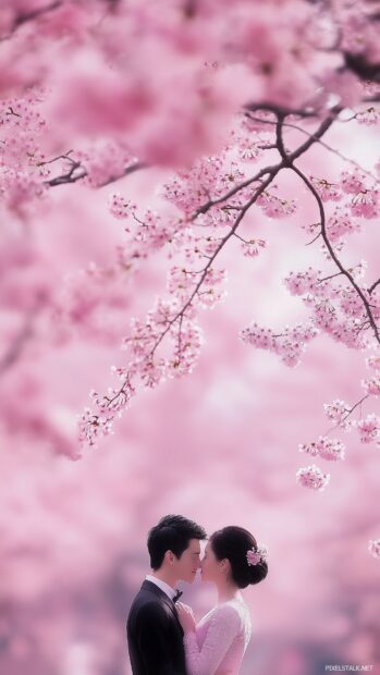 Love Wallpaper with a soft focus image of a couple sharing a kiss under a tree with falling cherry blossoms, capturing a moment of pure love.