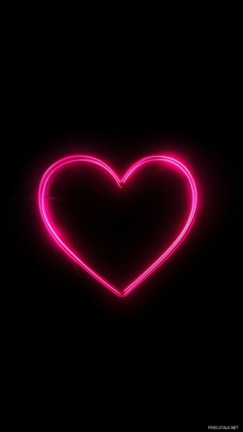 Love Wallpaper with glowing neon pink heart on a clean black background.