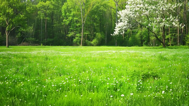 Lush green fields with spring blooms.