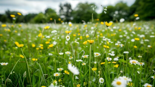 Lush green fields with spring blooms.